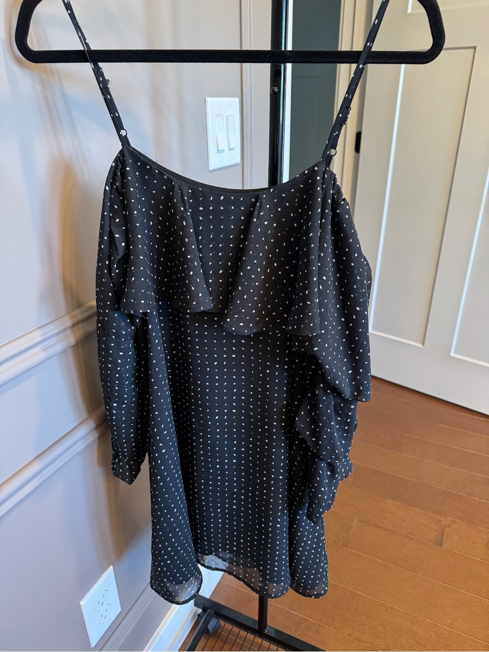 Black Polka Dot Ruffle Cold-Shoulder Dress